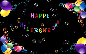 Happy Children's Day!, blue, by cehenot, black, colors, day, balloons, june 1, happy, children, purple, pink, word, rainbow, green, yellow, red, card HD wallpaper