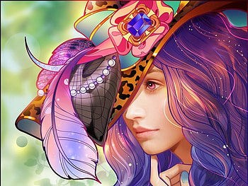 Girl, purple, feather, fantasy, art, harsh taggar, face, hat, pink HD wallpaper