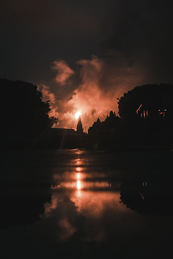 Fire, Smoke, Night, Reflection, Dark, Bright HD phone wallpaper
