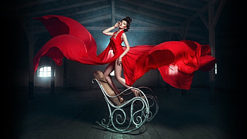 ❀ Rocking Lady ❀, rocking chair, gold shoes, brunette, female, Flowing red dress HD wallpaper