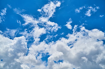 Vibrant cumulus clouds scattered across a clear blue sky, highlighting a perfect day. HD wallpaper