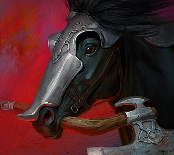 Oberon, art, red, cal, warrior, axe, horse, black, alsares, armor, fantasy HD wallpaper