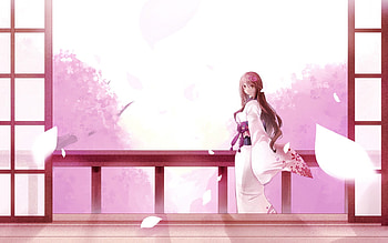 Cherry Petals, japanese, abstract, anime, fantasy, cherry, blossoms, trees, girl HD wallpaper