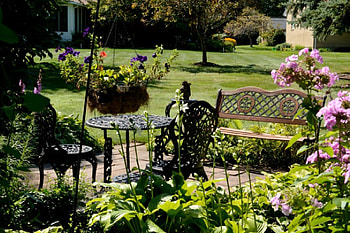 Relax Among Nature, bench, relaxing bench, flower garden, relaxing nature, flower bed HD wallpaper
