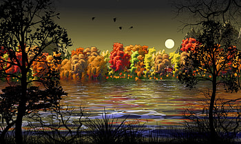 Autumn Creation, creation, moon, red, trees, autumn, orange, lake, tree HD wallpaper