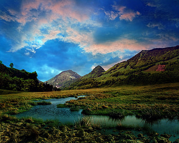 colorfull sky, clouds, trees, colors, stone, sky, nature, grass, lake HD wallpaper