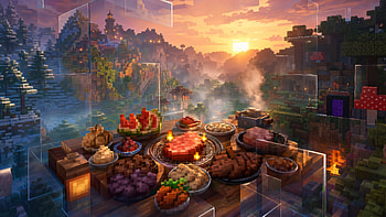 Minecraft — Sunset Feast on Blocky Shores, Food, Grill, Campfire HD wallpaper