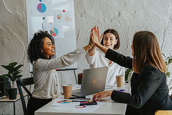 Three businesswomen in office having a high-five during a successful meeting. HD wallpaper