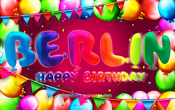 Happy Birtay Berlin, , colorful balloon frame, Berlin name, purple background, Berlin Happy Birtay, Berlin Birtay, popular german female names, Birtay concept, Berlin HD wallpaper