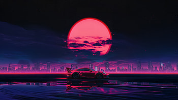Red Porsche Gt3 In Retrowave Night, red, porsche, retrowave, night, artist, artwork, art, digital-art, ai HD wallpaper