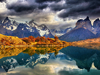 Dark Clouds Over The Lake, Chile, snowy peaks, beautiful, National Park, reflection, Patagonia, blue waters, autumn, sky, Torres del Paine HD wallpaper