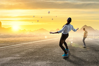 Skateboard Girl Boy Road Sunrise, skateboard, boy, girl, sunrise, road, airballons, air-balloon HD wallpaper