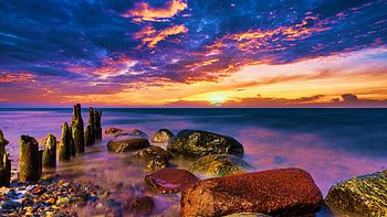 Sunset at the North Sea, Germany, clouds, sky, water, stones, colors HD wallpaper