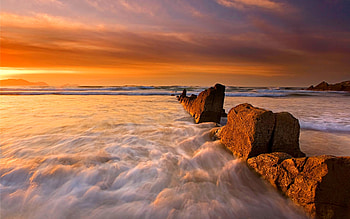 BEACH SUNRISE, sky, sunrise, ocean, rock, beach HD wallpaper