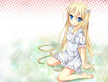 Anime, white, blue eyes, head band, blonde hair, blush, long hair, dress HD wallpaper