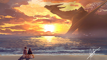 Colossal Dragon Beach Relaxing , dragon, sunset, beach, artist, artwork, digital-art, dog, deviantart HD wallpaper