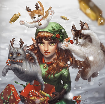 Christmas kittens and an elf, elf, kitten, merkerinn, bell, craciun, art, malwina kwiatkowska, girl, cat, pisici, fantasy, christmas, green HD wallpaper
