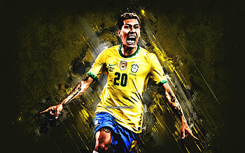 Roberto Firmino, Brazilian national football team, Brazilian soccer player, Firmino art, yellow stone background, grunge art, football HD wallpaper