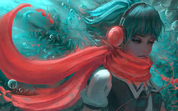 Hatsune Miku, blue, yumenoki, heads, art, girl, vocaloid, anime, fantasy, green, red, luminos, scarf, manga HD wallpaper