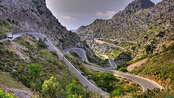 fantastic calobra mountain road in spain r, valley, car, serpinrine, road, r, serpentine, mountains HD wallpaper