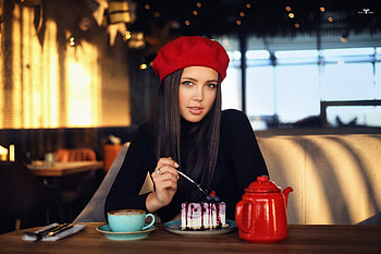 Beautiful, woman, black dress, breakfast HD wallpaper
