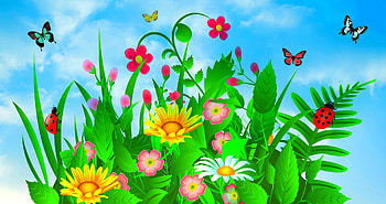 Spring Flowers, butterflies, ladybugs, leaves, clouds, sky, flowers, Spring HD wallpaper