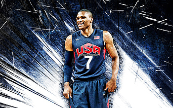 Russell Westbrook, grunge art, USA Basketball Mens National Team, Russell Westbrook III, blue abstract rays, basketball, US mens national basketball team, Russell Westbrook HD wallpaper