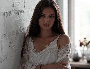 Cute, long hair, white gown, brunette, woman HD wallpaper