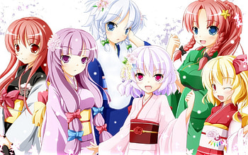 touhou girls, kimono, white hair, yellow hair, cute girls, game, touhou, red hair, full color HD wallpaper