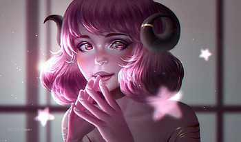 Orchid, pink, horns, gand, fantasy, girl, stars, demon, aoleev HD wallpaper
