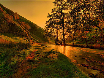 Morning reflections, river, slope, landscape, beautiful, orange, sunrise, mountain, trees, sky, water, sunset HD wallpaper