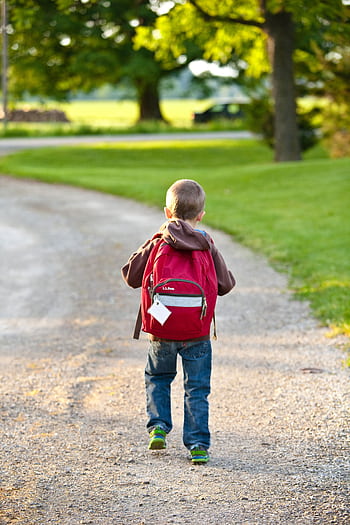 A young boy with a red backpack walking on a gravel path in a sunny park setting. HD phone wallpaper