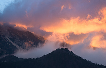 Nature, Trees, Sunset, Sky, Mountains, Fog HD wallpaper