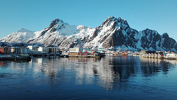 Fjord, norway, lake, mountains, town HD wallpaper