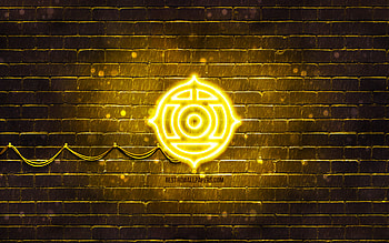 Hitachi yellow logo, , yellow brickwall, Hitachi logo, brands, Hitachi neon logo, Hitachi HD wallpaper