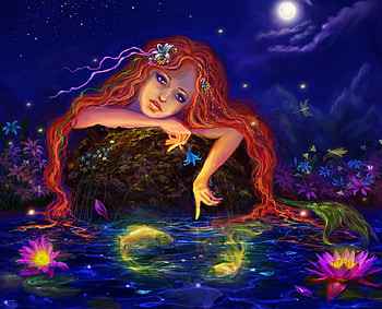 Midnight Song, anamichael art, fishes, mermaid, song, red haires, midnight, beautiful, moon, pond, lotus HD wallpaper