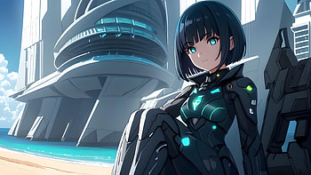 A girl on a beach in a futuristic world, AI Art, Anime, girl, anime girl HD wallpaper