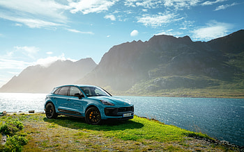Porsche Macan GTS, 2021, mountain landscape, sport utility vehicle, new light blue Macan GTS, German cars, blue Macan, Porsche HD wallpaper