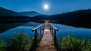 Pier, reflection, water, moon HD wallpaper