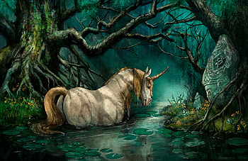 Unicorn, twilight, horse, art, trees, water HD wallpaper