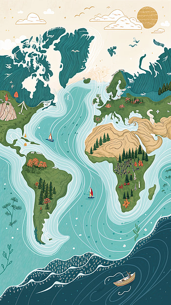 Artistic World Map with Nature and Ocean Elements, ocean, nature, sailboat HD phone wallpaper