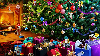 Under the Christmas tree, dog, christmas, decorations, gifts, furnace, tree HD wallpaper