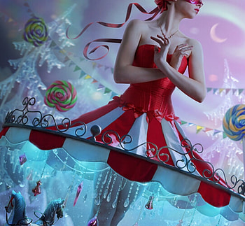 Carousel of winter, blue, l saveljeva, winter, fantasy, iarna, red, carousel, ballerina HD wallpaper