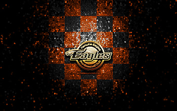 Hanwha Eagles, glitter logo, KBO, orange black checkered background, baseball, South Korean baseball team, Hanwha Eagles logo, mosaic art HD wallpaper