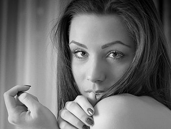 WISHFUL THINKING, black and white, eyes, face, beautiful, woman HD wallpaper