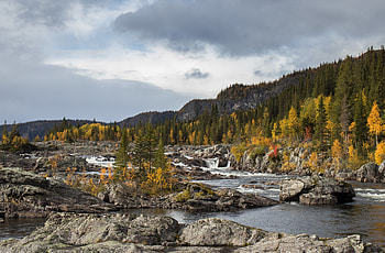 Nature, Rivers, Trees, Stones, Sky, Rocks, Hills HD wallpaper