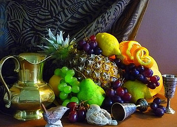 still life, lemon, grapes, fruit, anans, fresh HD wallpaper