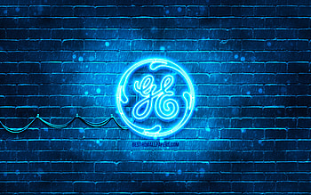 General Electric blue logo, , blue brickwall, General Electric logo, brands, General Electric neon logo, General Electric HD wallpaper