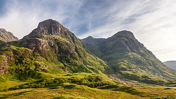 Golden hour at Glencoe in the Scottish Highlands, clouds, trees, landscape, sky, rocks, scotland HD wallpaper