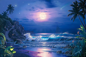 Moonlight Beach, blue, sand, moonlight, painting, lassen, dusk, ocean, beach HD wallpaper